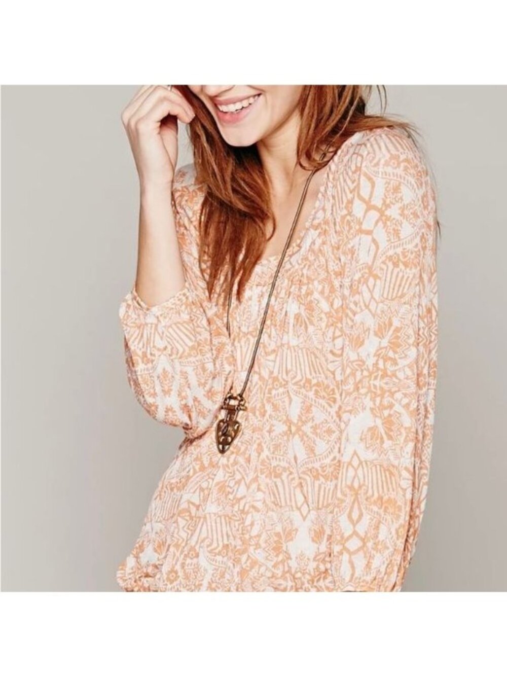Free People Printed Moss Top size small orange and cream print Long Sleeve boho